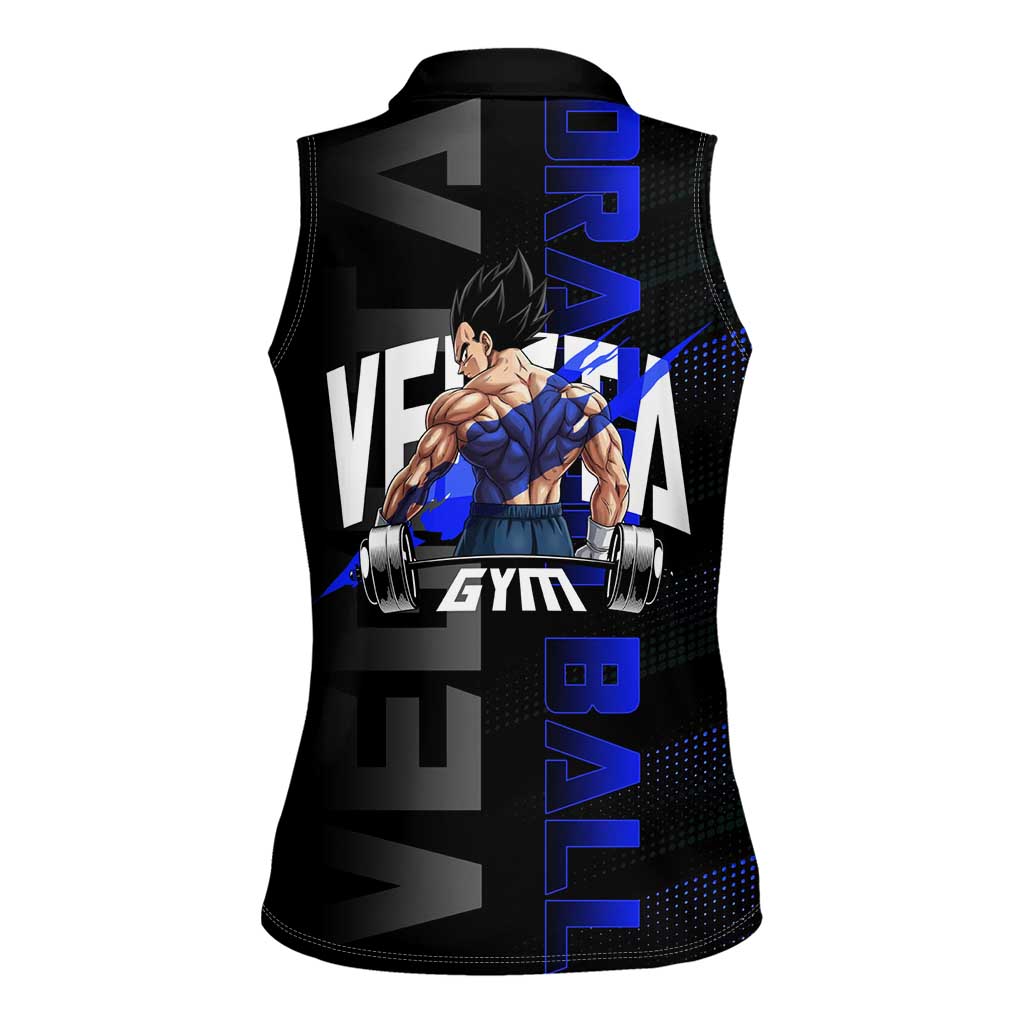 Vegeta Gym Theme Black and Blue Design Women Sleeveless Polo Shirt with Powerlifting Pose and Saiyan Armor Style - The Mazicc
