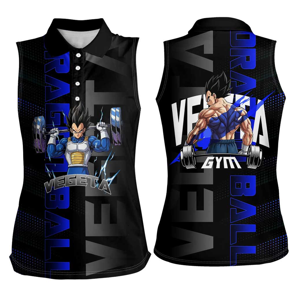 Vegeta Gym Theme Black and Blue Design Women Sleeveless Polo Shirt with Powerlifting Pose and Saiyan Armor Style - The Mazicc