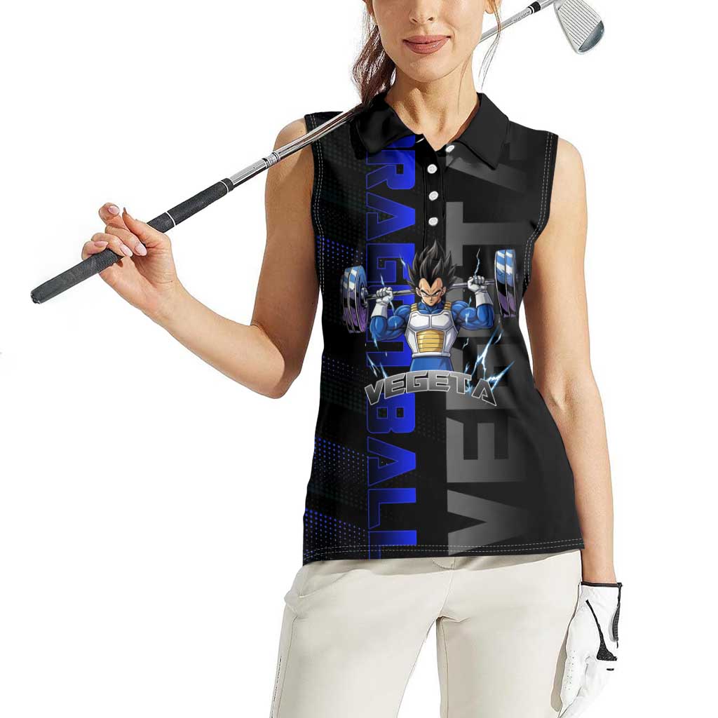 Vegeta Gym Theme Black and Blue Design Women Sleeveless Polo Shirt with Powerlifting Pose and Saiyan Armor Style - The Mazicc