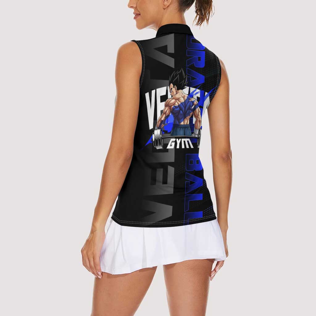 Vegeta Gym Theme Black and Blue Design Women Sleeveless Polo Shirt with Powerlifting Pose and Saiyan Armor Style - The Mazicc