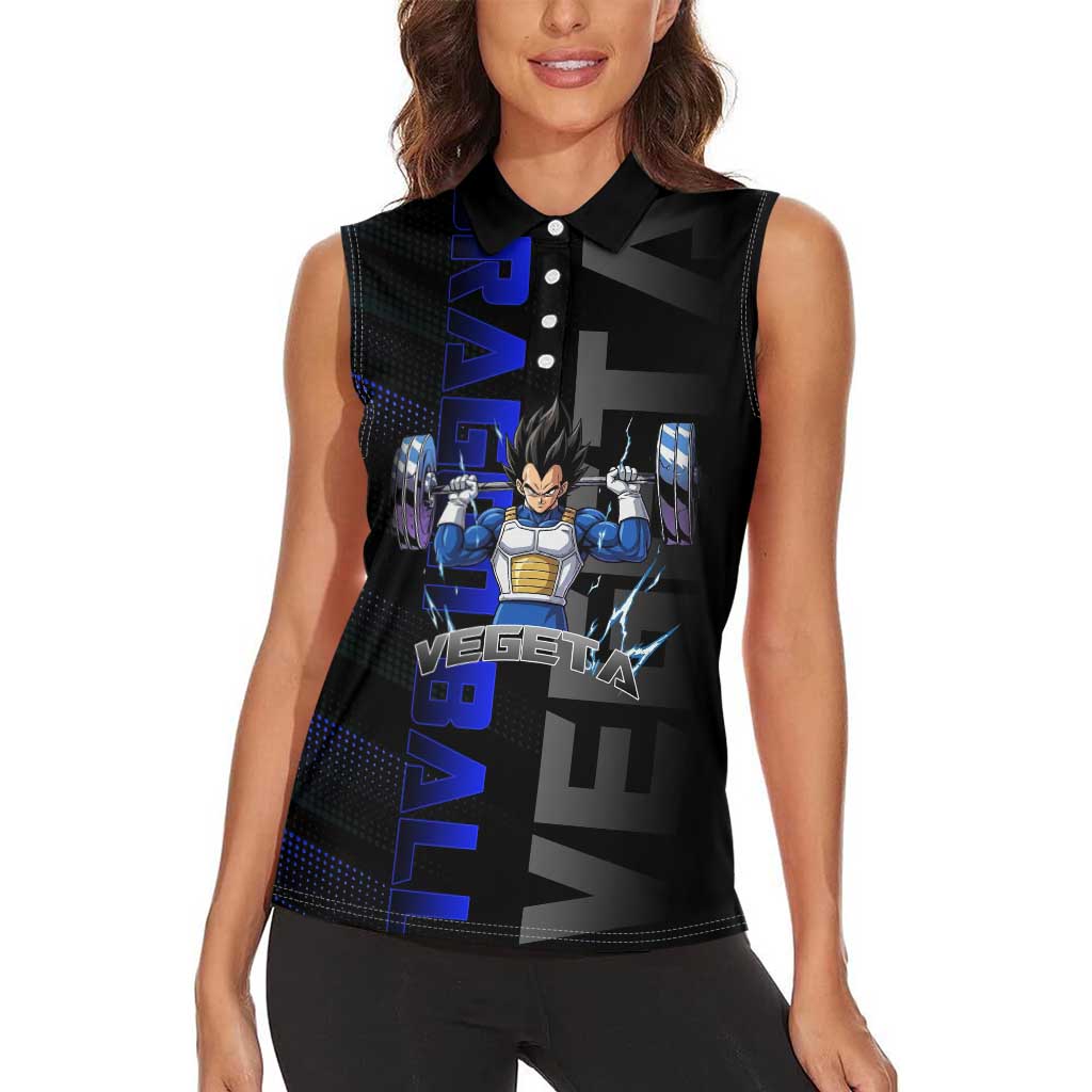 Vegeta Gym Theme Black and Blue Design Women Sleeveless Polo Shirt with Powerlifting Pose and Saiyan Armor Style - The Mazicc