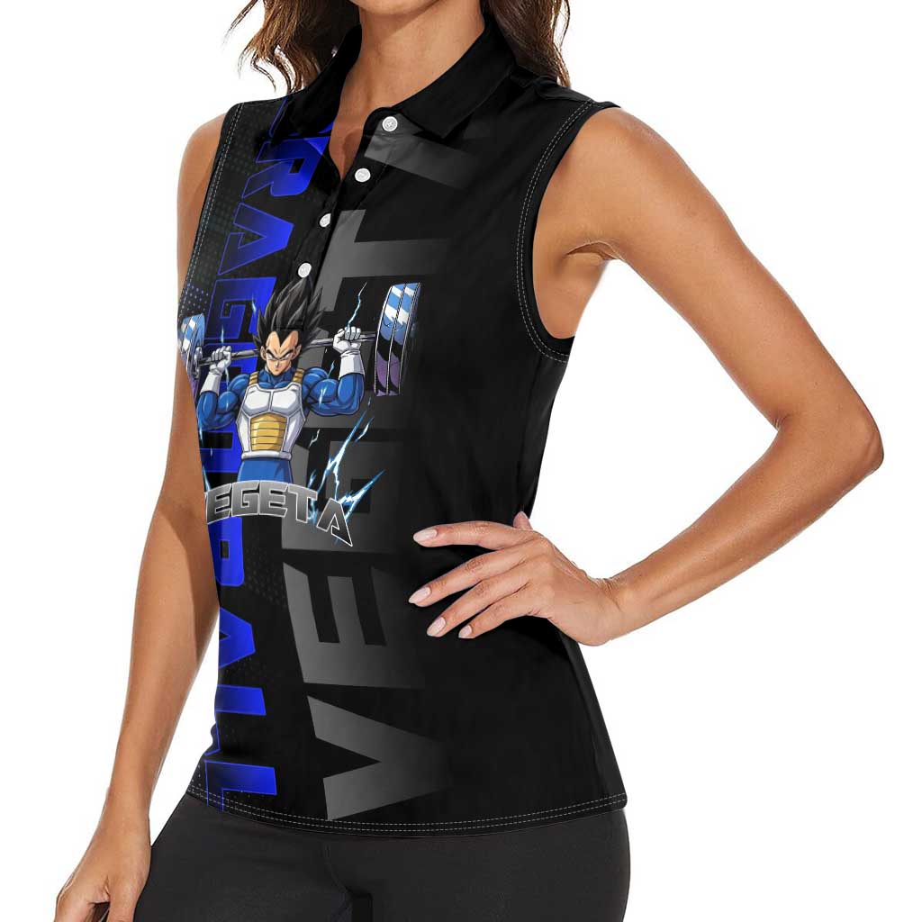 Vegeta Gym Theme Black and Blue Design Women Sleeveless Polo Shirt with Powerlifting Pose and Saiyan Armor Style - The Mazicc
