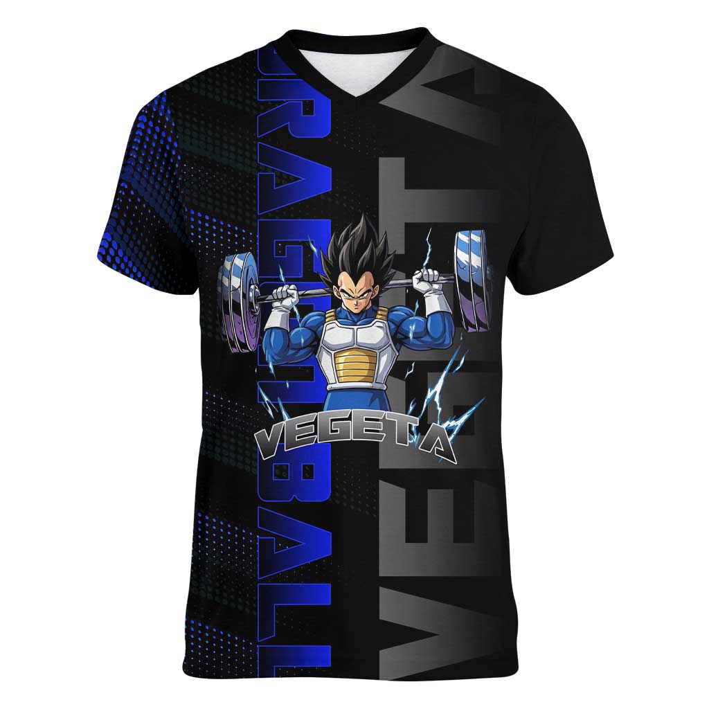 Vegeta Gym Theme Black and Blue Design Women V-Neck T-Shirt with Powerlifting Pose and Saiyan Armor Style - The Mazicc