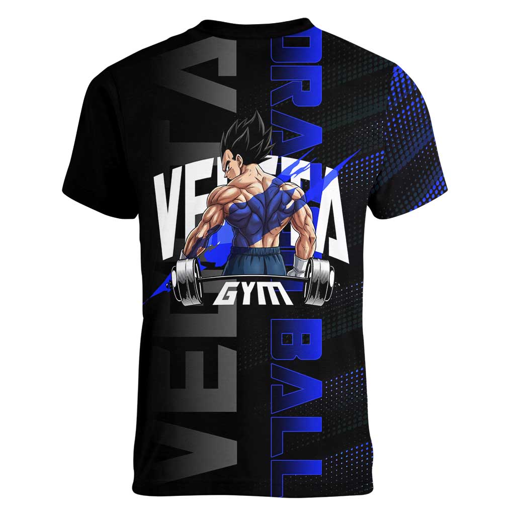 Vegeta Gym Theme Black and Blue Design Women V-Neck T-Shirt with Powerlifting Pose and Saiyan Armor Style - The Mazicc