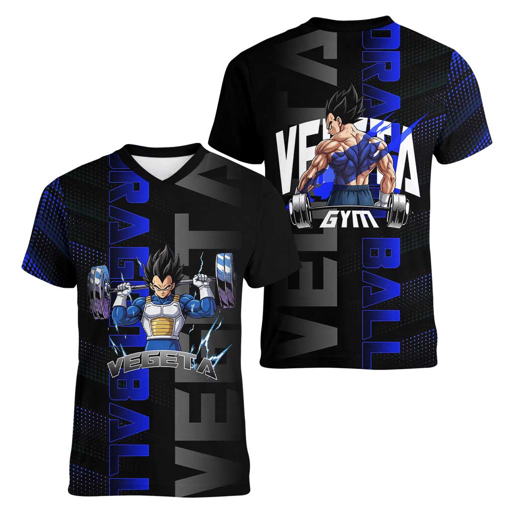 Vegeta Gym Theme Black and Blue Design Women V-Neck T-Shirt with Powerlifting Pose and Saiyan Armor Style - The Mazicc
