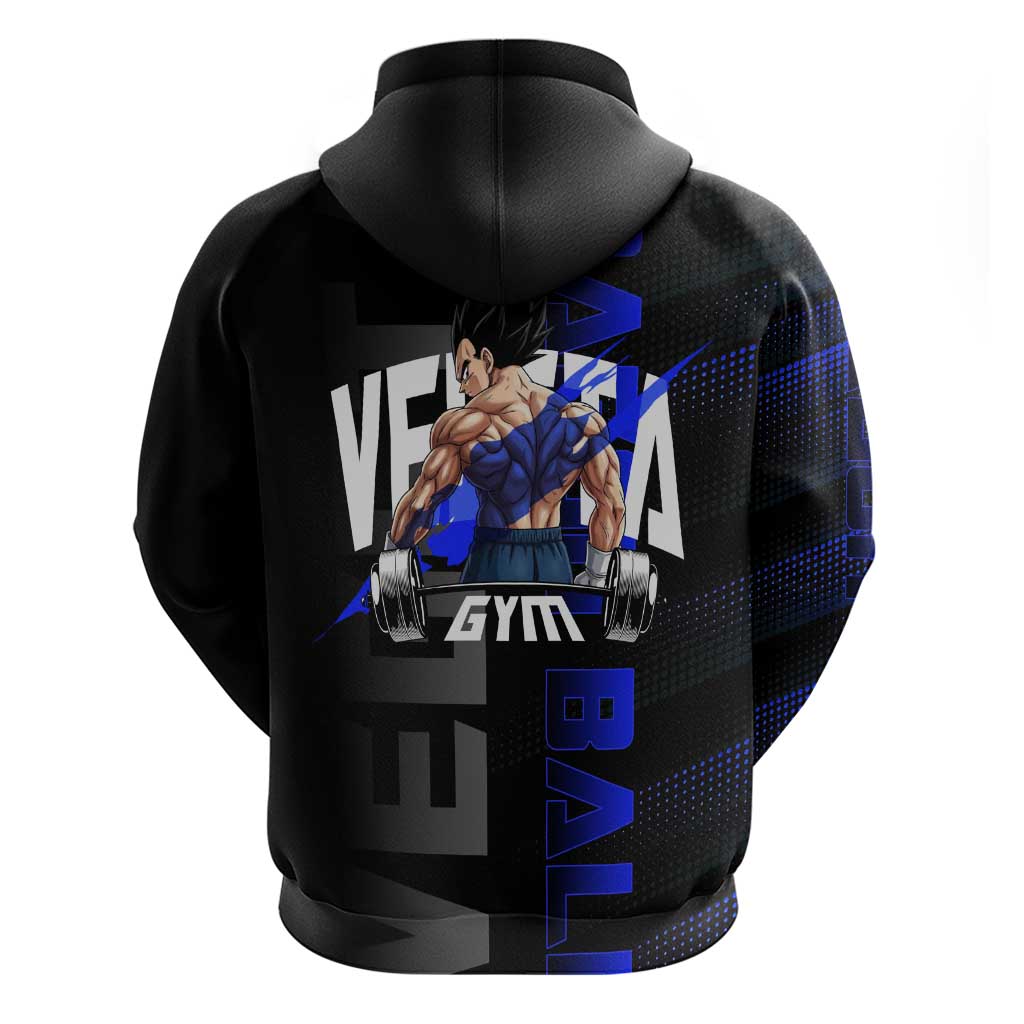 Vegeta Gym Theme Black and Blue Design Zip Hoodie with Powerlifting Pose and Saiyan Armor Style - The Mazicc