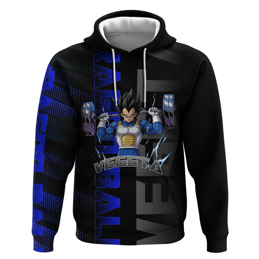 Vegeta Gym Theme Black and Blue Design Zip Hoodie with Powerlifting Pose and Saiyan Armor Style - The Mazicc