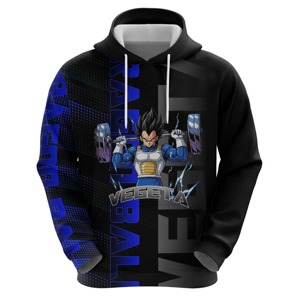 Vegeta Gym Theme Black and Blue Design Zip Hoodie with Powerlifting Pose and Saiyan Armor Style - The Mazicc