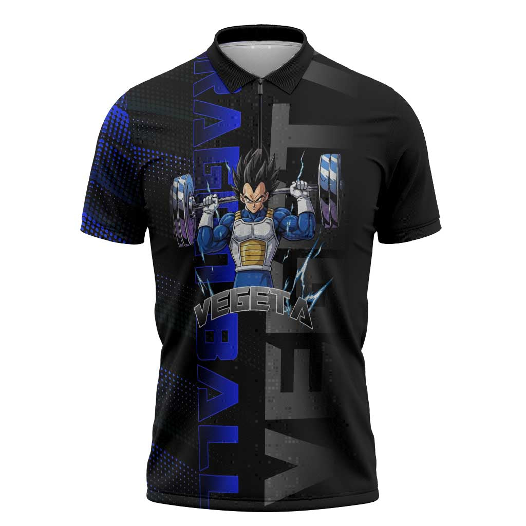 Vegeta Gym Theme Black and Blue Design Zipper Polo Shirt with Powerlifting Pose and Saiyan Armor Style - The Mazicc