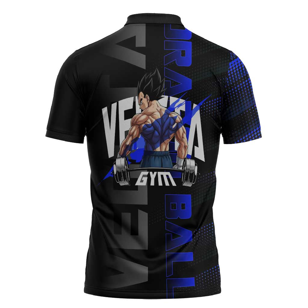 Vegeta Gym Theme Black and Blue Design Zipper Polo Shirt with Powerlifting Pose and Saiyan Armor Style - The Mazicc