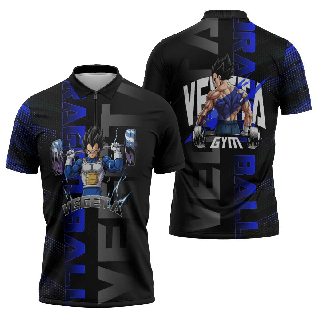 Vegeta Gym Theme Black and Blue Design Zipper Polo Shirt with Powerlifting Pose and Saiyan Armor Style - The Mazicc