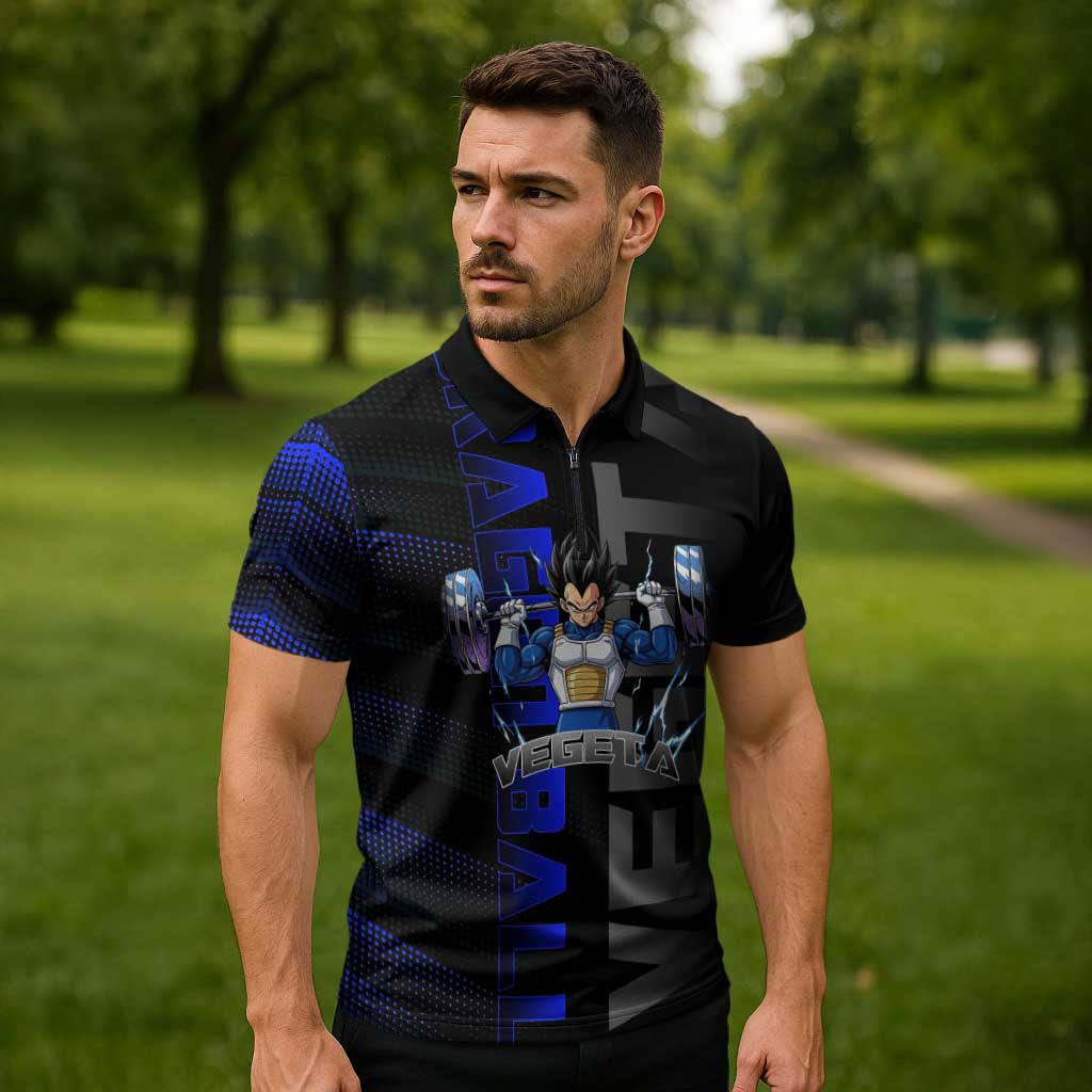 Vegeta Gym Theme Black and Blue Design Zipper Polo Shirt with Powerlifting Pose and Saiyan Armor Style - The Mazicc