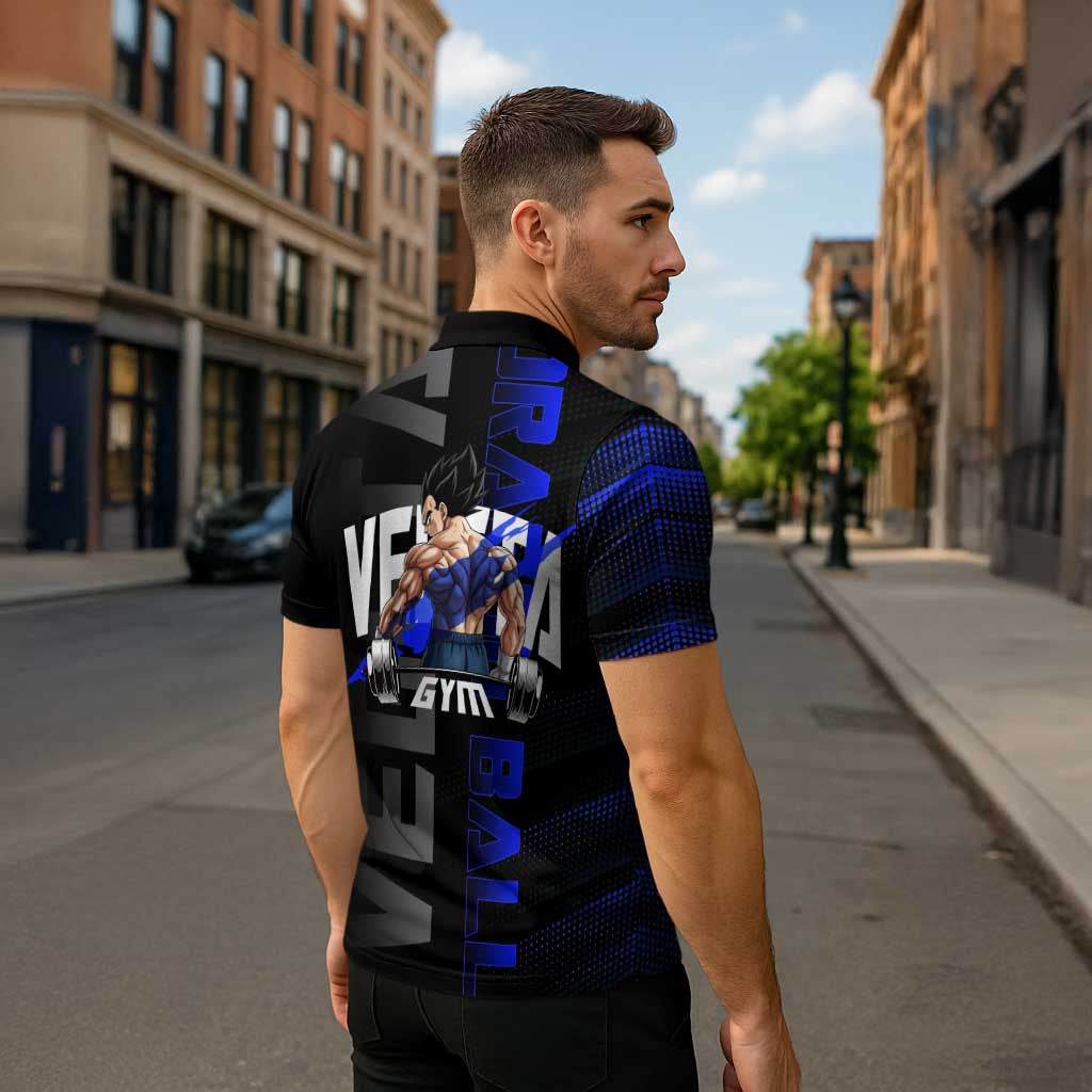 Vegeta Gym Theme Black and Blue Design Zipper Polo Shirt with Powerlifting Pose and Saiyan Armor Style - The Mazicc