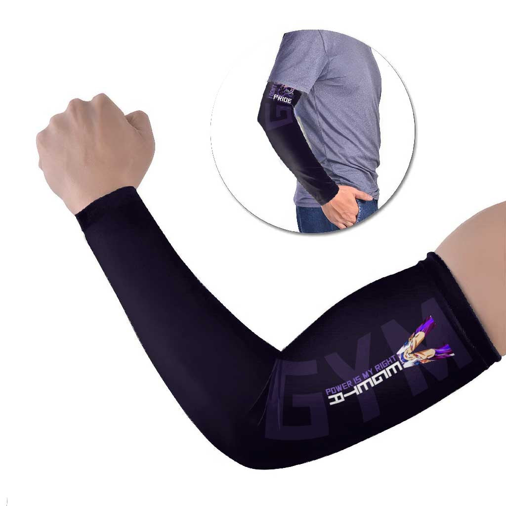 Vegeta Ultra Ego Gym Theme Arm Sleeves with Dumbbells Power Quote and Pride Design - The Mazicc