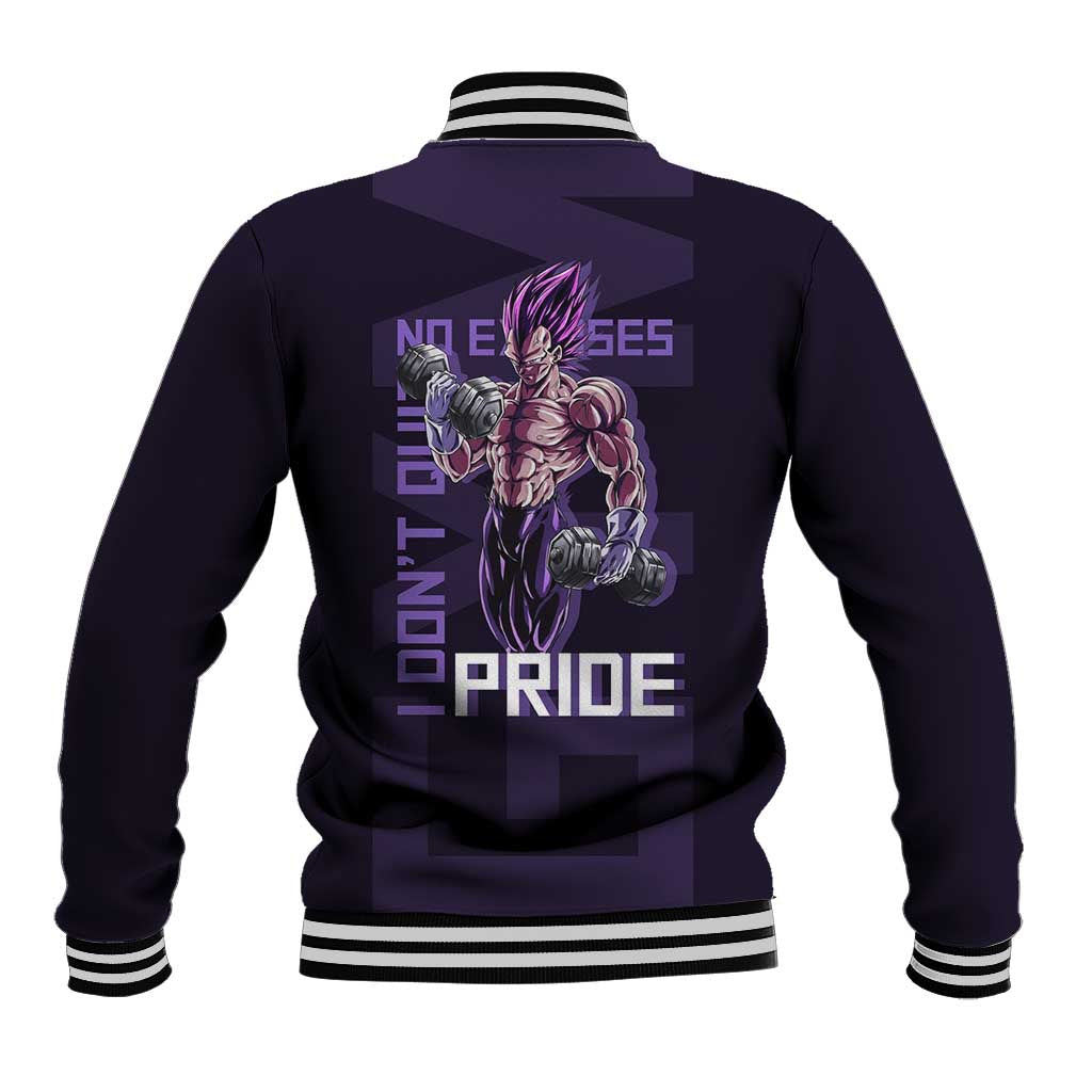 Vegeta Ultra Ego Gym Theme Baseball Jacket with Dumbbells Power Quote and Pride Design - The Mazicc