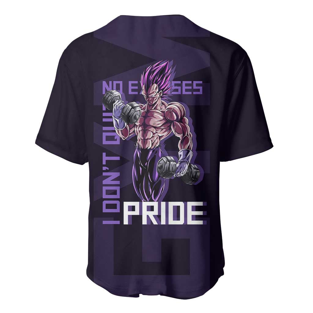 Vegeta Ultra Ego Gym Theme Baseball Jersey with Dumbbells Power Quote and Pride Design - The Mazicc