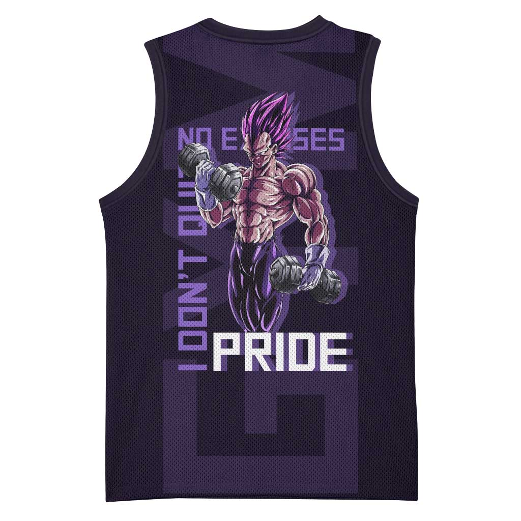 Vegeta Ultra Ego Gym Theme Basketball Jersey with Dumbbells Power Quote and Pride Design - The Mazicc