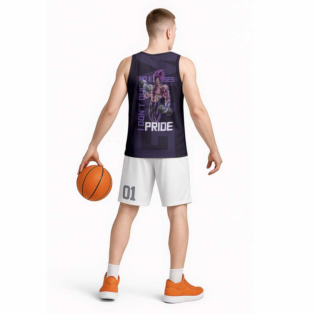 Vegeta Ultra Ego Gym Theme Basketball Jersey with Dumbbells Power Quote and Pride Design - The Mazicc