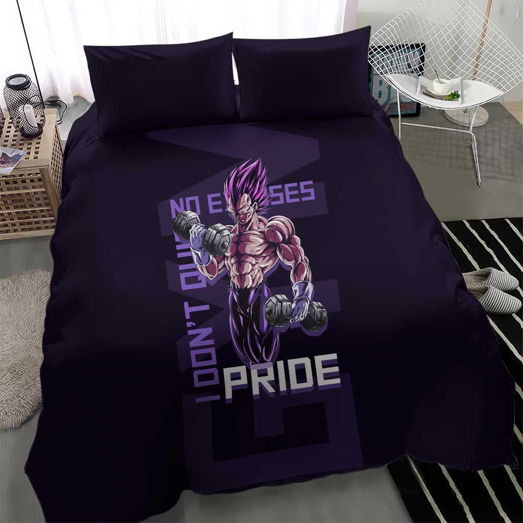 Vegeta Ultra Ego Gym Theme Bedding Set with Dumbbells Power Quote and Pride Design - The Mazicc