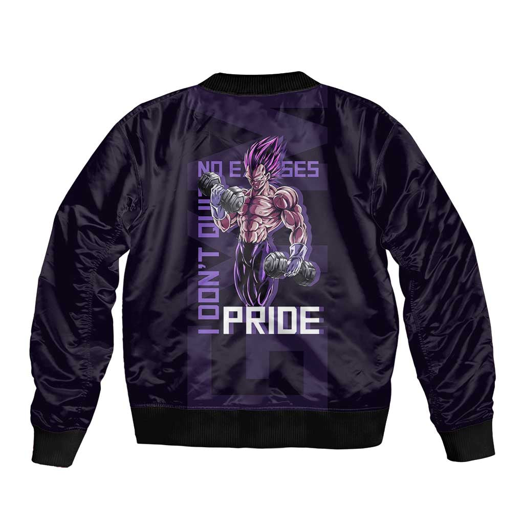 Vegeta Ultra Ego Gym Theme Bomber Jacket with Dumbbells Power Quote and Pride Design - The Mazicc