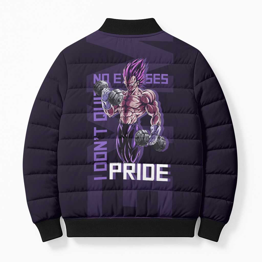 Vegeta Ultra Ego Gym Theme Bomber Puffer Jacket with Dumbbells Power Quote and Pride Design - The Mazicc
