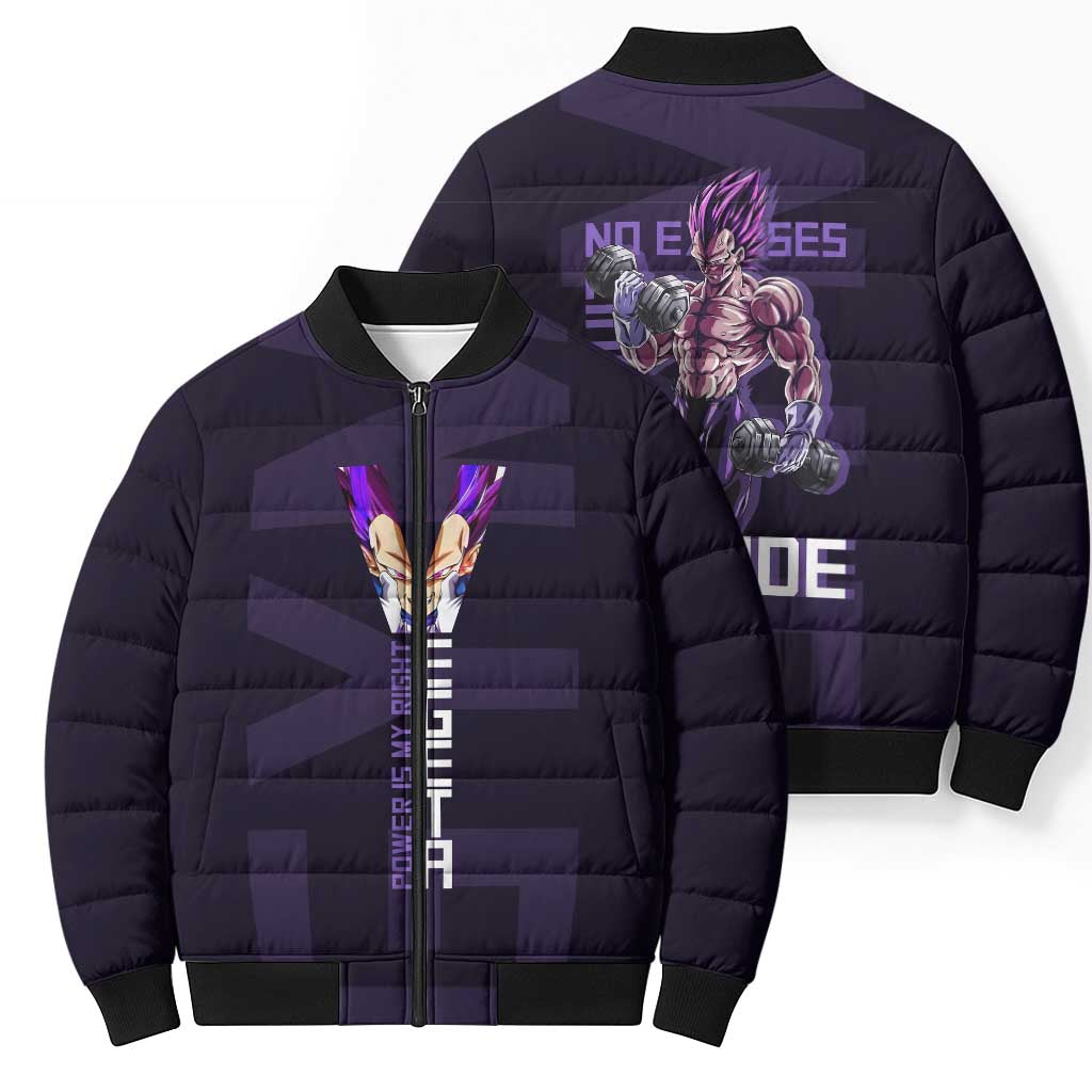 Vegeta Ultra Ego Gym Theme Bomber Puffer Jacket with Dumbbells Power Quote and Pride Design - The Mazicc