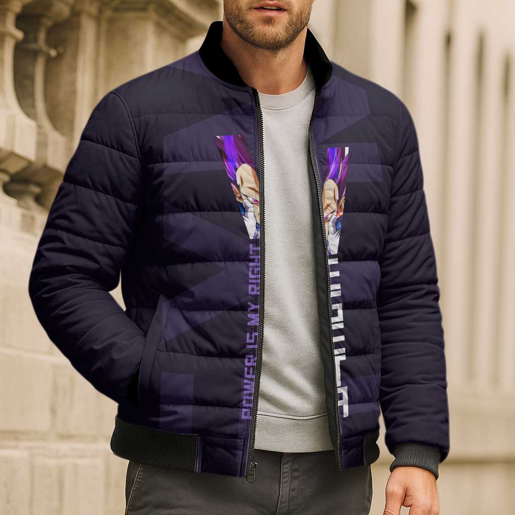 Vegeta Ultra Ego Gym Theme Bomber Puffer Jacket with Dumbbells Power Quote and Pride Design - The Mazicc