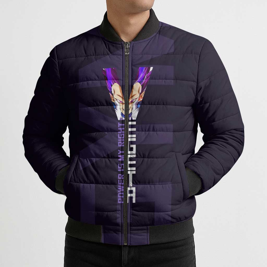Vegeta Ultra Ego Gym Theme Bomber Puffer Jacket with Dumbbells Power Quote and Pride Design - The Mazicc