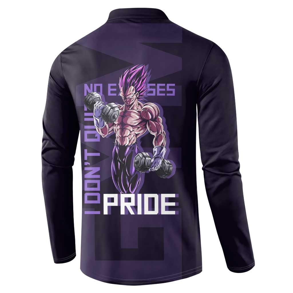 Vegeta Ultra Ego Gym Theme Button Sweatshirt with Dumbbells Power Quote and Pride Design - The Mazicc