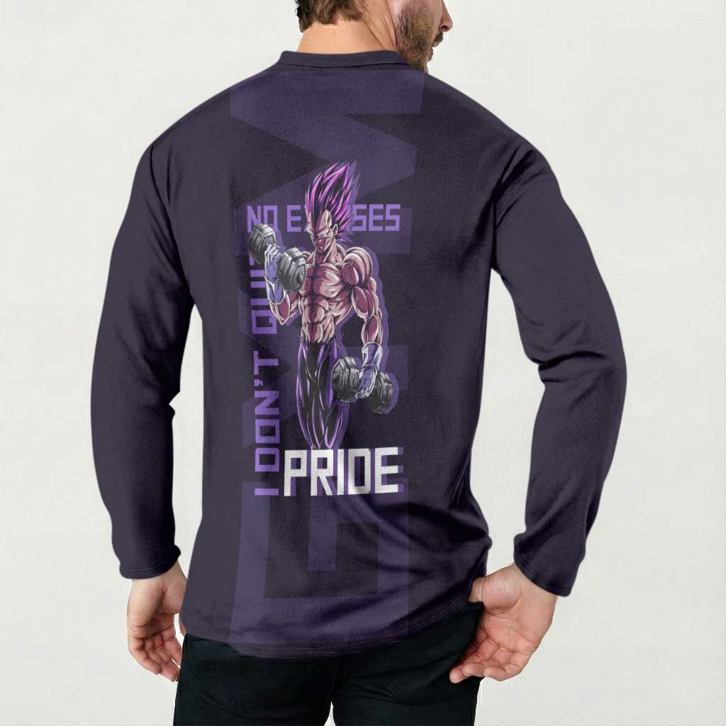 Vegeta Ultra Ego Gym Theme Button Sweatshirt with Dumbbells Power Quote and Pride Design - The Mazicc
