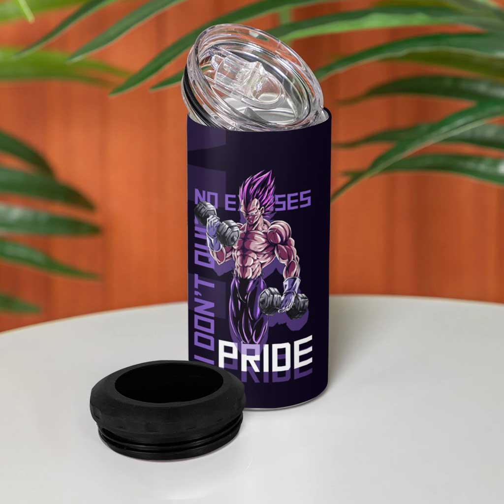 Vegeta Ultra Ego Gym Theme 4 in 1 Can Cooler Tumbler with Dumbbells Power Quote and Pride Design - The Mazicc