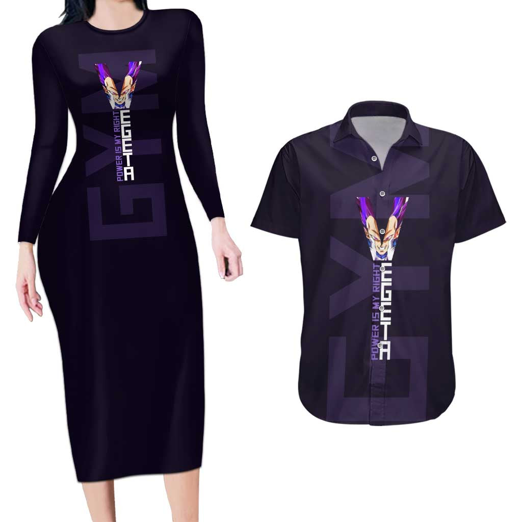 Vegeta Ultra Ego Gym Theme Couples Matching Long Sleeve Bodycon Dress and Hawaiian Shirt with Dumbbells Power Quote and Pride Design - The Mazicc