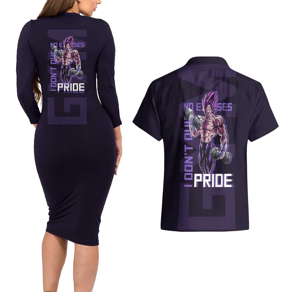 Vegeta Ultra Ego Gym Theme Couples Matching Long Sleeve Bodycon Dress and Hawaiian Shirt with Dumbbells Power Quote and Pride Design - The Mazicc