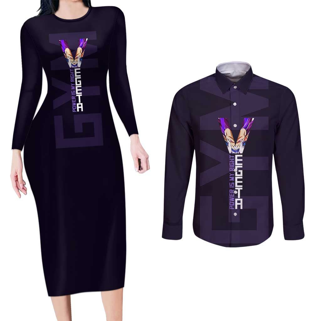 Vegeta Ultra Ego Gym Theme Couples Matching Long Sleeve Bodycon Dress and Long Sleeve Button Shirt with Dumbbells Power Quote and Pride Design - The Mazicc