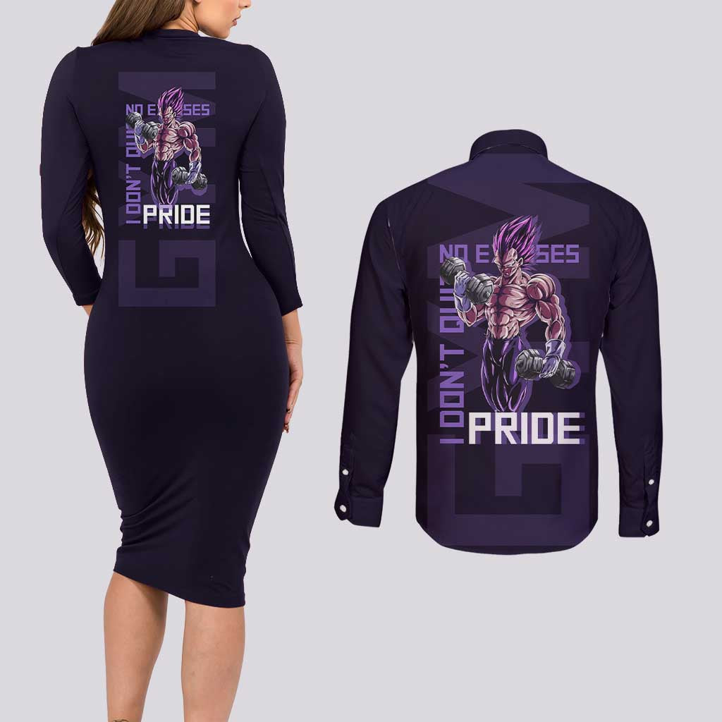 Vegeta Ultra Ego Gym Theme Couples Matching Long Sleeve Bodycon Dress and Long Sleeve Button Shirt with Dumbbells Power Quote and Pride Design - The Mazicc