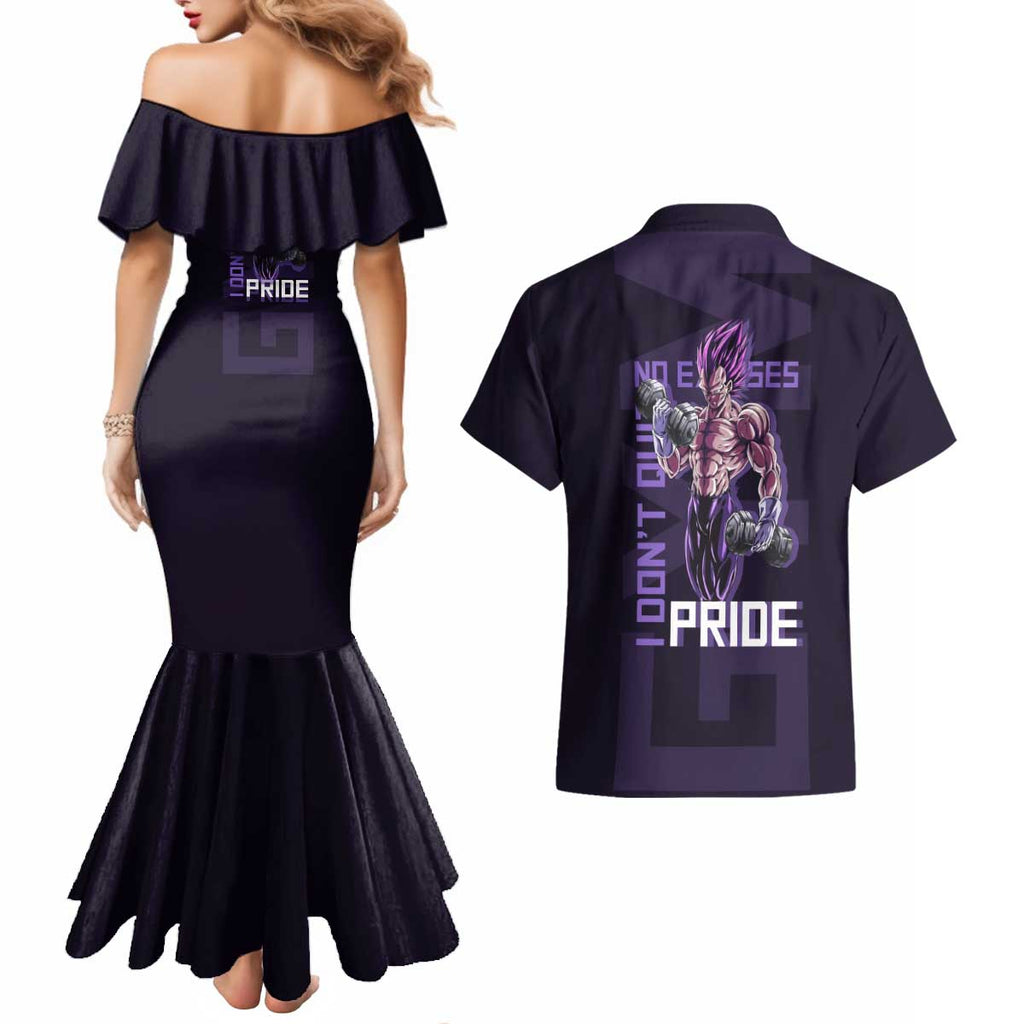 Vegeta Ultra Ego Gym Theme Couples Matching Mermaid Dress and Hawaiian Shirt with Dumbbells Power Quote and Pride Design - The Mazicc