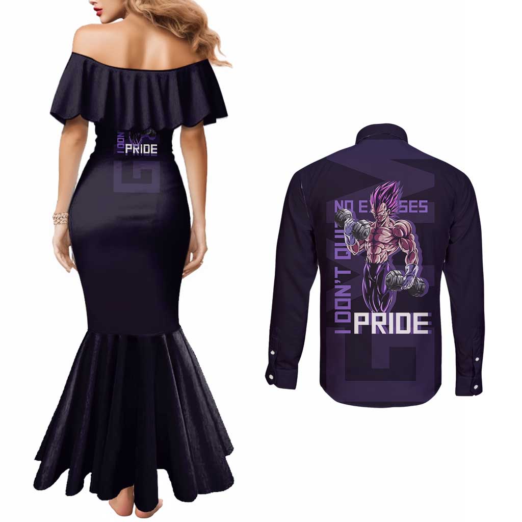 Vegeta Ultra Ego Gym Theme Couples Matching Mermaid Dress and Long Sleeve Button Shirt with Dumbbells Power Quote and Pride Design - The Mazicc