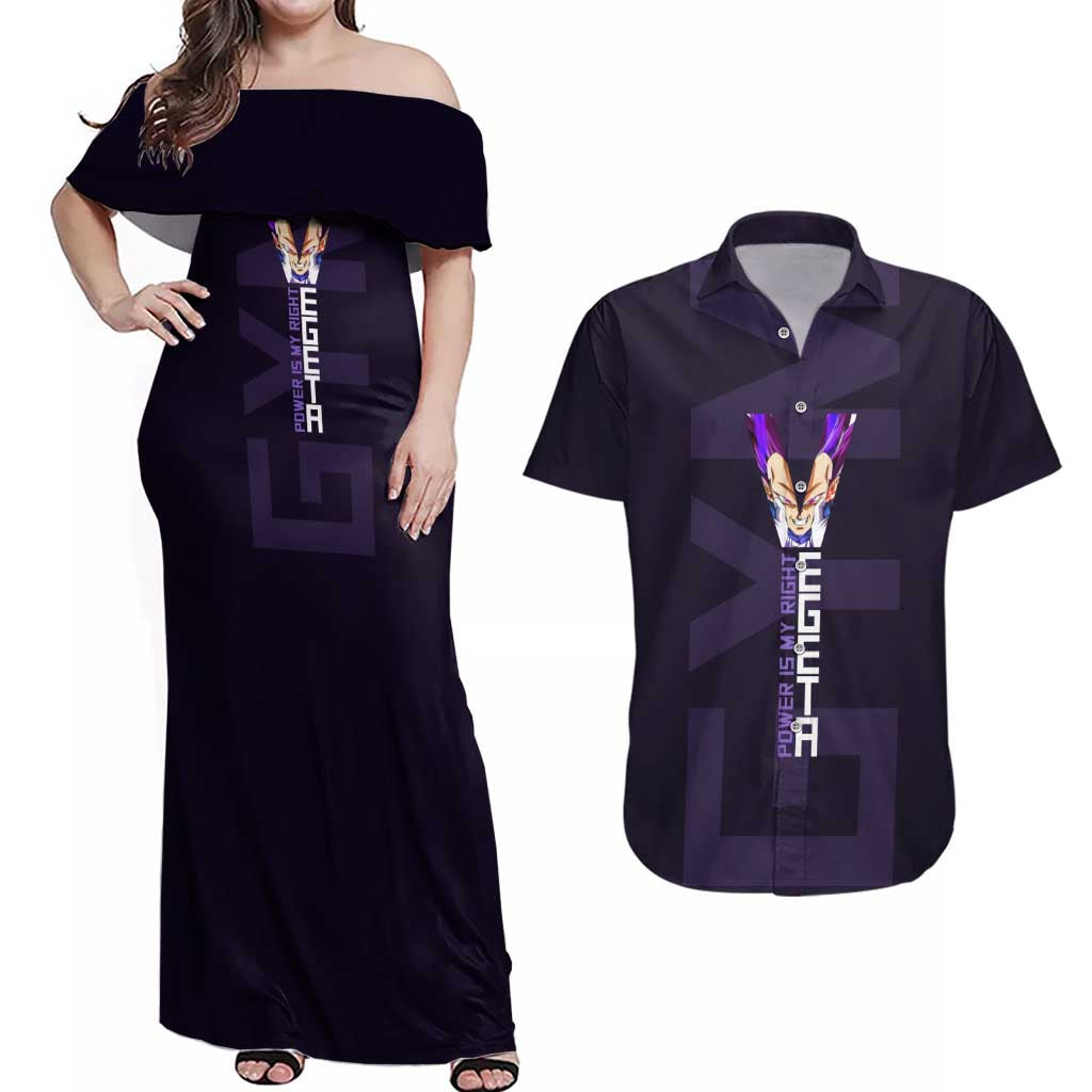 Vegeta Ultra Ego Gym Theme Couples Matching Off Shoulder Maxi Dress and Hawaiian Shirt with Dumbbells Power Quote and Pride Design - The Mazicc