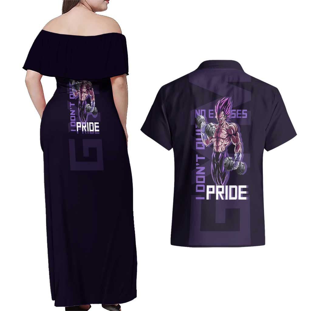Vegeta Ultra Ego Gym Theme Couples Matching Off Shoulder Maxi Dress and Hawaiian Shirt with Dumbbells Power Quote and Pride Design - The Mazicc