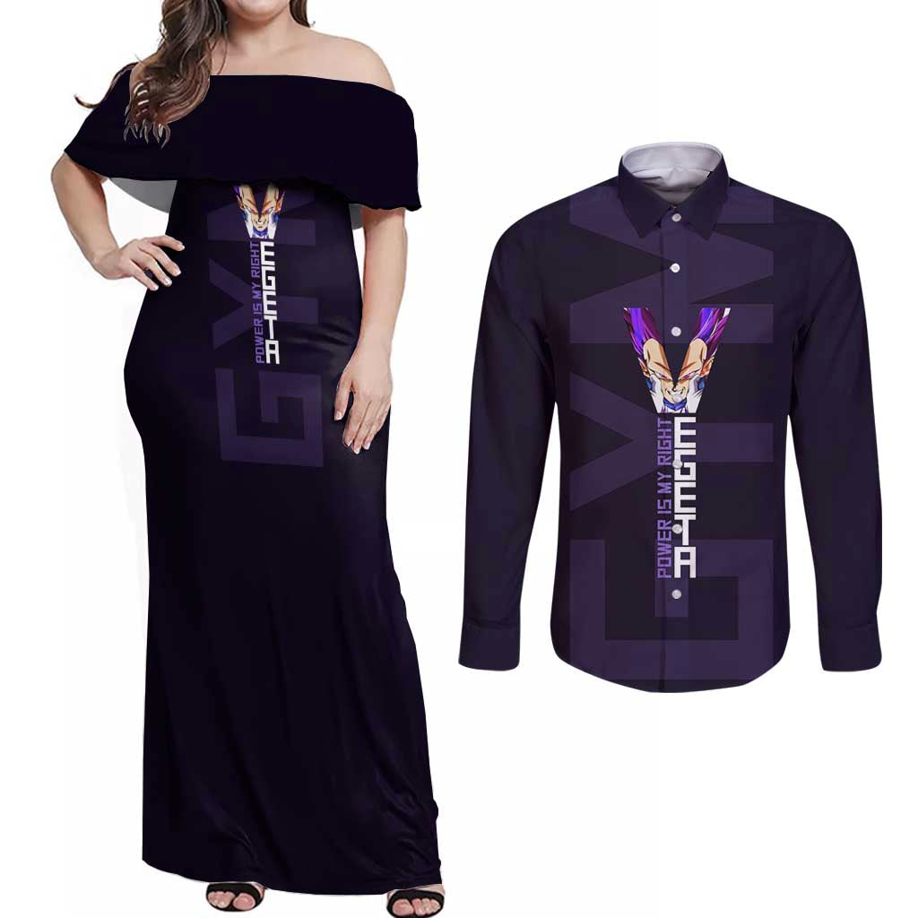 Vegeta Ultra Ego Gym Theme Couples Matching Off Shoulder Maxi Dress and Long Sleeve Button Shirt with Dumbbells Power Quote and Pride Design - The Mazicc