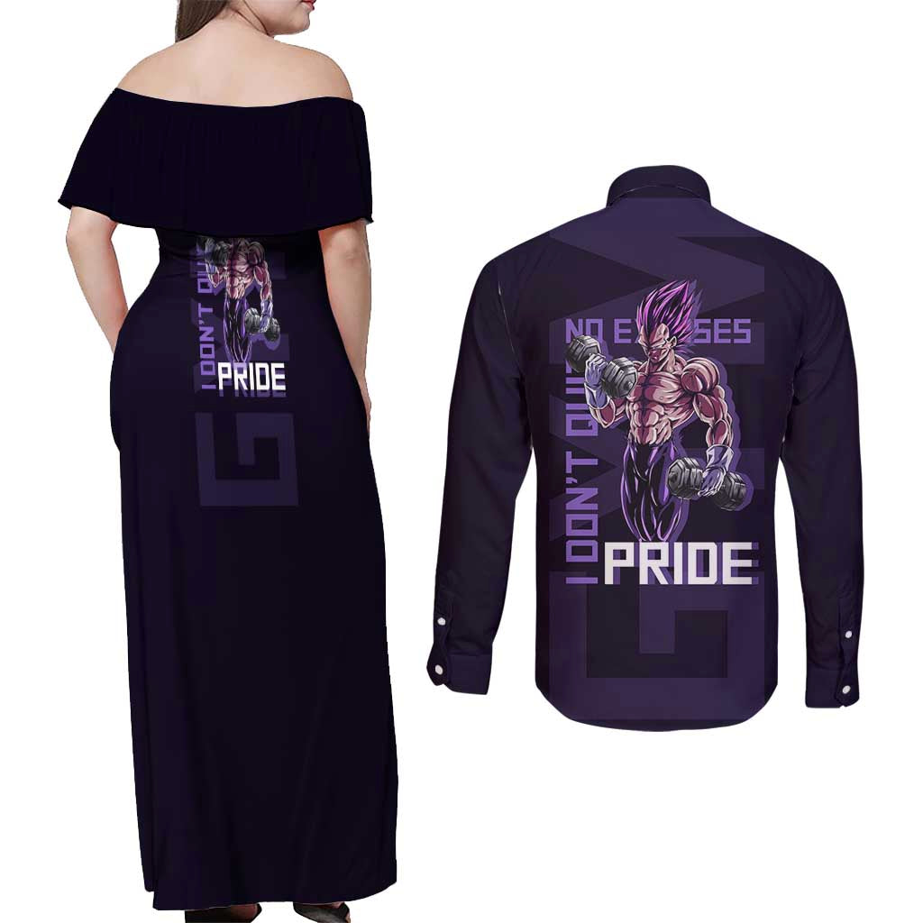 Vegeta Ultra Ego Gym Theme Couples Matching Off Shoulder Maxi Dress and Long Sleeve Button Shirt with Dumbbells Power Quote and Pride Design - The Mazicc