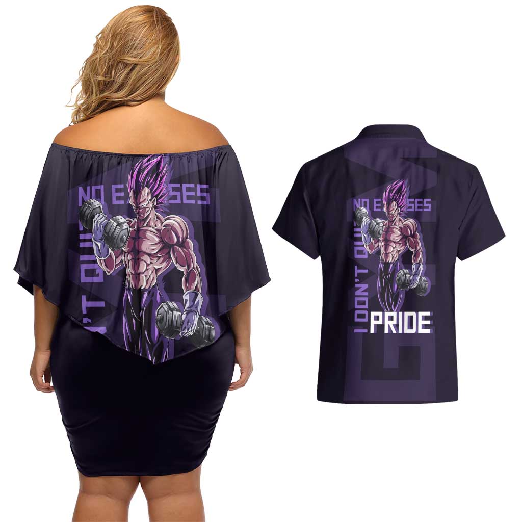 Vegeta Ultra Ego Gym Theme Couples Matching Off Shoulder Short Dress and Hawaiian Shirt with Dumbbells Power Quote and Pride Design - The Mazicc