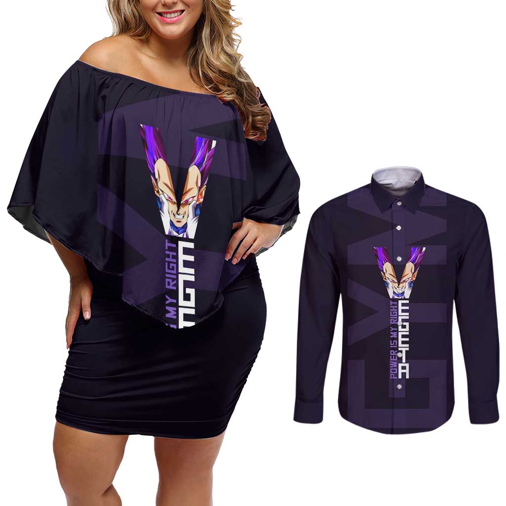Vegeta Ultra Ego Gym Theme Couples Matching Off Shoulder Short Dress and Long Sleeve Button Shirt with Dumbbells Power Quote and Pride Design - The Mazicc