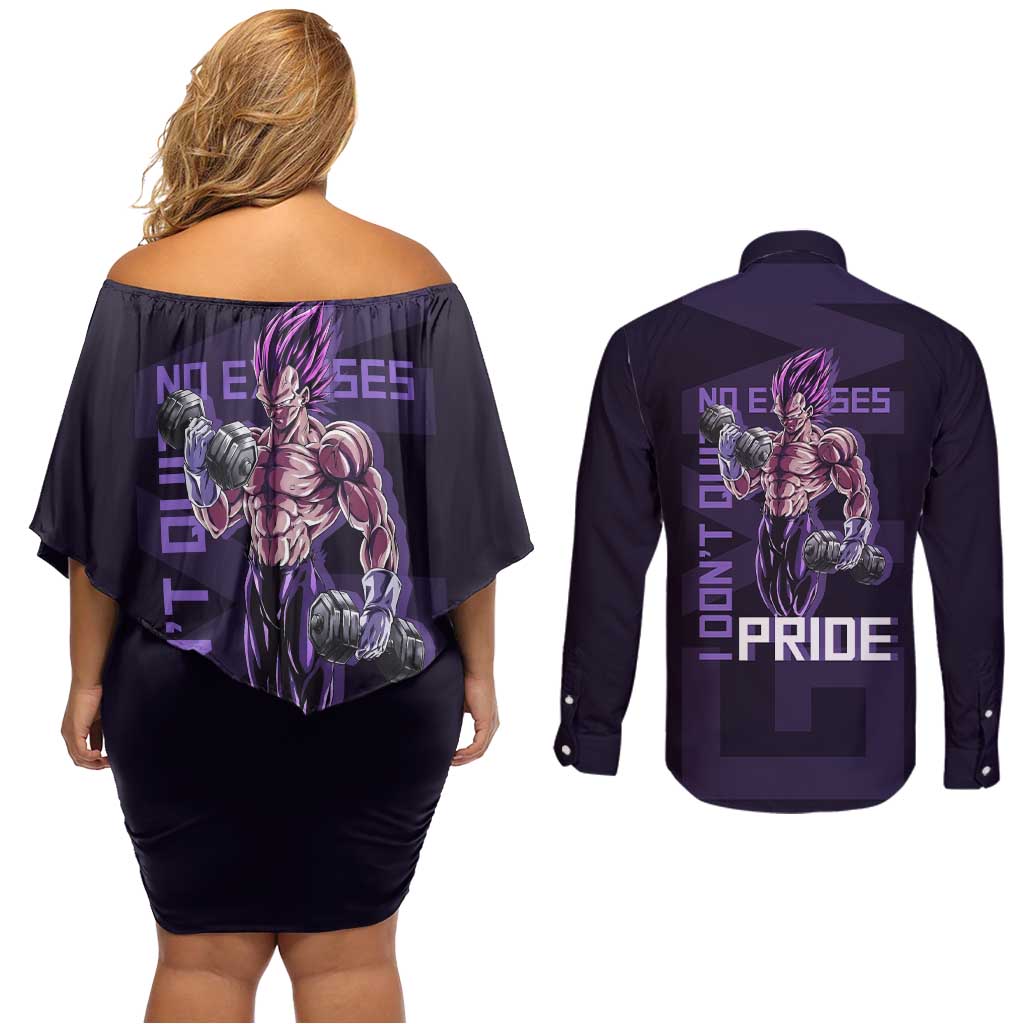 Vegeta Ultra Ego Gym Theme Couples Matching Off Shoulder Short Dress and Long Sleeve Button Shirt with Dumbbells Power Quote and Pride Design - The Mazicc