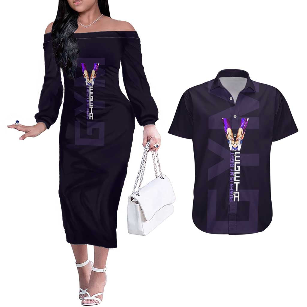 Vegeta Ultra Ego Gym Theme Couples Matching Off The Shoulder Long Sleeve Dress and Hawaiian Shirt with Dumbbells Power Quote and Pride Design - The Mazicc