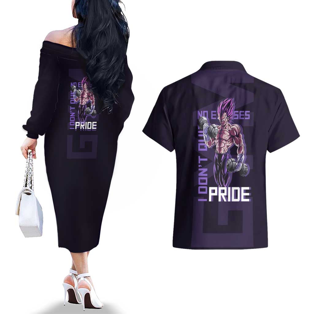 Vegeta Ultra Ego Gym Theme Couples Matching Off The Shoulder Long Sleeve Dress and Hawaiian Shirt with Dumbbells Power Quote and Pride Design - The Mazicc