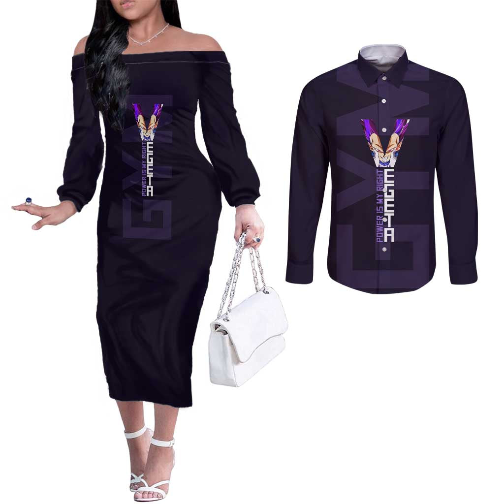 Vegeta Ultra Ego Gym Theme Couples Matching Off The Shoulder Long Sleeve Dress and Long Sleeve Button Shirt with Dumbbells Power Quote and Pride Design - The Mazicc