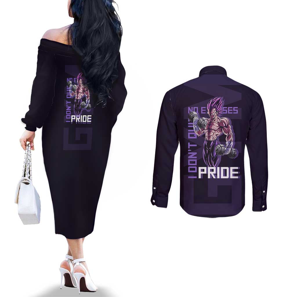 Vegeta Ultra Ego Gym Theme Couples Matching Off The Shoulder Long Sleeve Dress and Long Sleeve Button Shirt with Dumbbells Power Quote and Pride Design - The Mazicc
