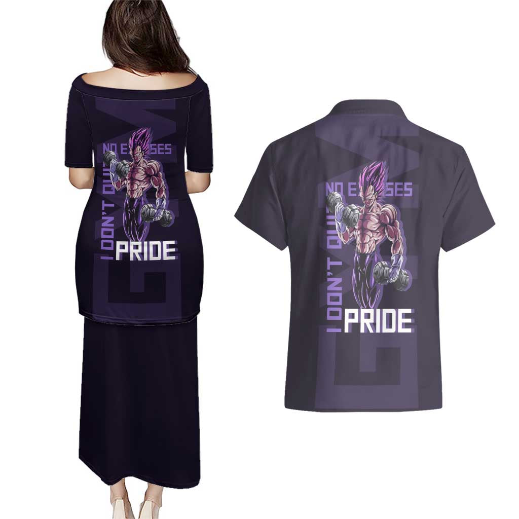 Vegeta Ultra Ego Gym Theme Couples Matching Puletasi and Hawaiian Shirt with Dumbbells Power Quote and Pride Design - The Mazicc