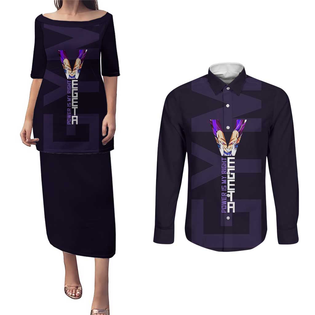 Vegeta Ultra Ego Gym Theme Couples Matching Puletasi and Long Sleeve Button Shirt with Dumbbells Power Quote and Pride Design - The Mazicc